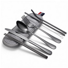 Cargar imagen en el visor de la galería, SET DE CUBIERTOS + PALITOS CHINOS + SORBITOS REUTILIZABLES COLOR NEGRO